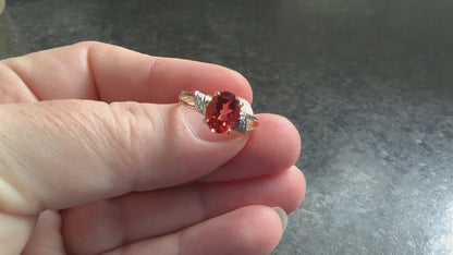 9ct red gemstone and diamond ring size N yellow gold