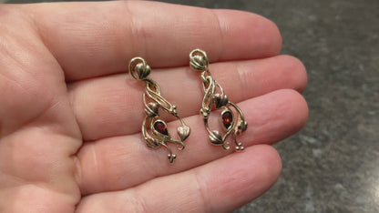 Vintage Clogau 9ct Garnet Tree of Life drop earrings from 1993 Birthstone range yellow and rose gold