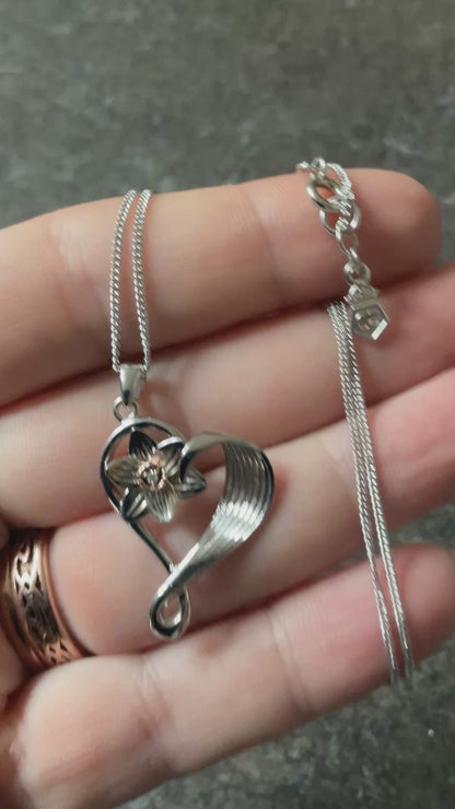 Clogau Diamond Daffodil Heart pendant necklace 18” in silver and rose gold
