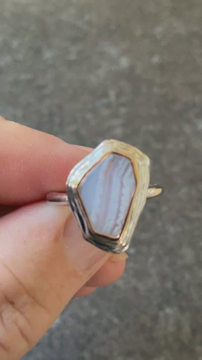 Clogau Capstones Blue Lace Agate ring size O in silver and rose gold