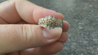 Vintage 9ct white and champagne diamond cluster ring size S1/2 yellow gold QVC Birmingham hallmark 2002