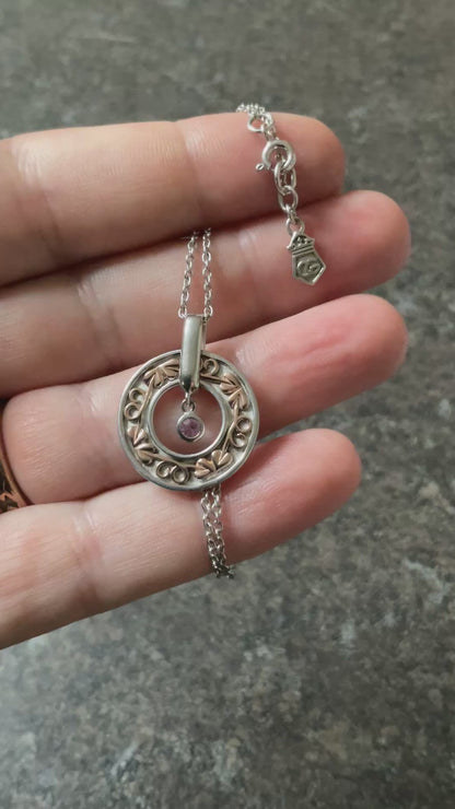 Clogau Tree of Life Pink Sapphire turning circle pendant necklace 18” in silver and rose gold