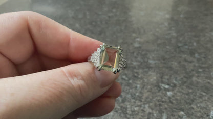 925 Green Amethyst & Zircon emerald cut & stepped shoulders ring R-R1/2 silver