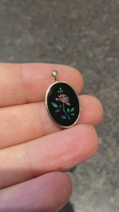 Vintage 14k Floral mosaic Opal Inlay black onyx oval pendant in yellow gold