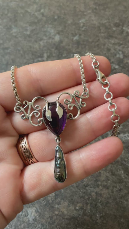 925 Amethyst and Peacock Baroque Pearl necklace 16-19” Art Nouveau Elven style necklet