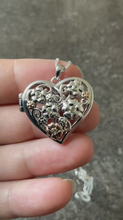 Clogau Peridot Flower Fairy Large Heart Locket pendant necklace in silver and rose gold 18-22” Rare!