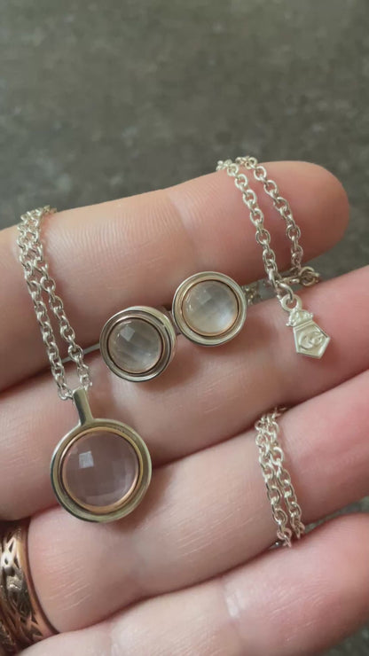Clogau Ripples Rose Quartz pendant necklace 18” and Ripples Rose Quartz stud earrings matching set in silver and rose gold