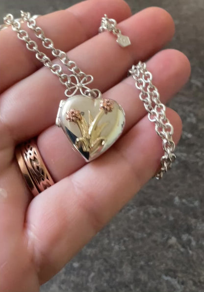 Clogau Vintage Daffodil Heart locket necklace 18” in silver with 9ct yellow and rose gold