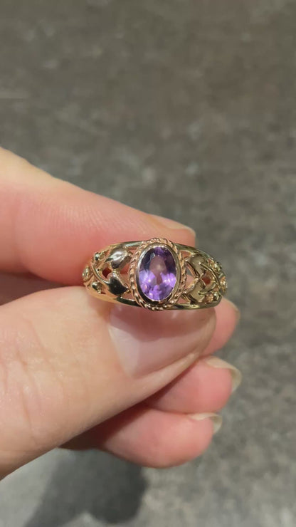 Royal Clogau 9ct Delphinium Amethyst and Diamond ring size N in yellow and rose gold RRP £630