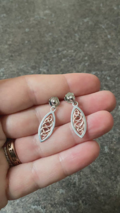 Clogau Queen Eleanor elliptical drop earrings in 925 sterling silver and 9ct rose gold