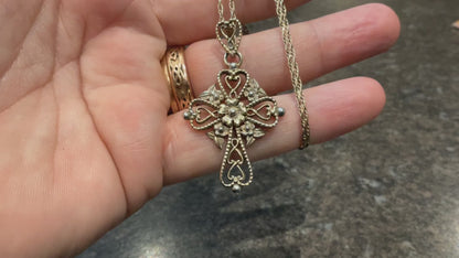 Vintage Brooks & Bentley ornate hearts and flowers cross pendant necklace gold plated 925 sterling silver in original box hallmarked