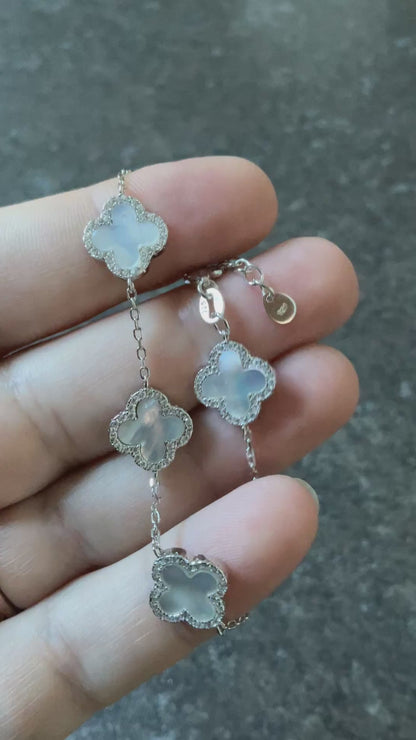 925 Mother of Pearl & Cubic Zirconia Four Leaf Clover bracelet in sterling silver