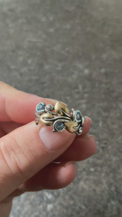 Barbara Bixby Blue Topaz 925 & 18K gold vine leaf ring size O 6.5g Original Box