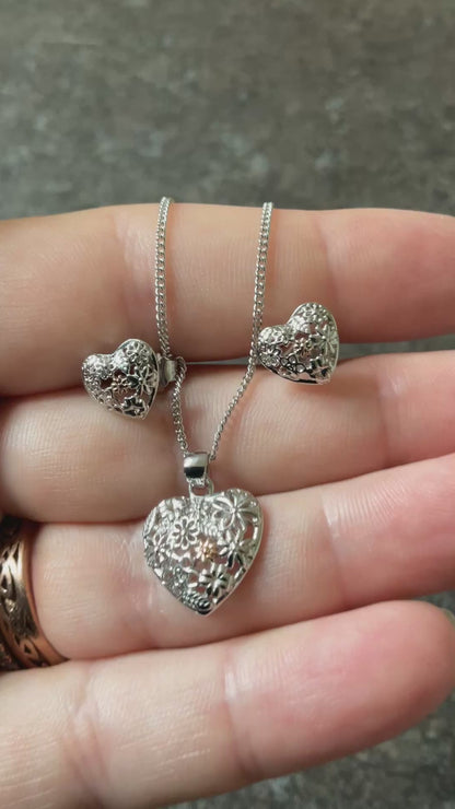 Clogau Floral Heart earrings and necklace set 16-18” Rare silver and rose gold