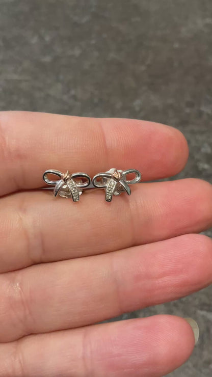 Clogau White Topaz Tree of Life Bow stud earrings in silver and rose gold