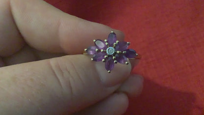 Amethyst and clear stone gold overlay 925 sterling silver floral ring T