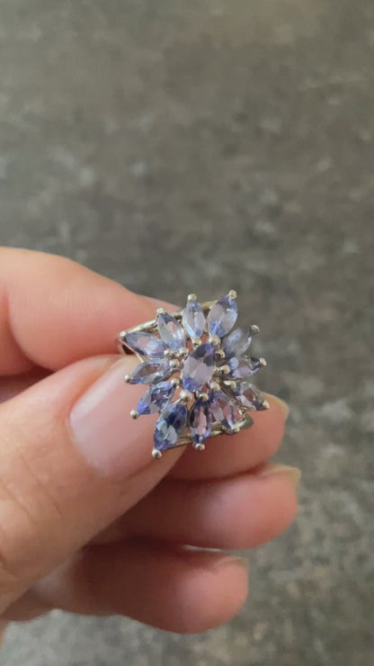 9ct Tanzanite Marquise cut cluster ring size O White gold bypass shoulders
