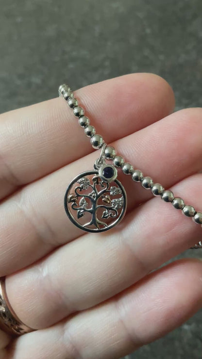 Clogau Tree of Life Blue Sapphire Birthstone affinity bead stacking bracelet in silver and rose gold