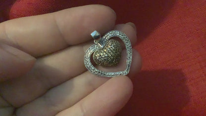925 white and cognac diamond double heart pendant silver