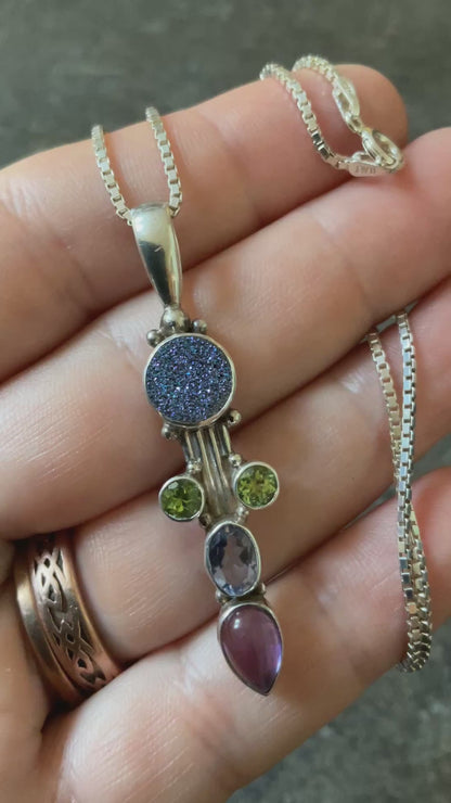 925 Sajen pendant on 18” 925 box chain Amethyst Peridot Blue Druzy and purple stone