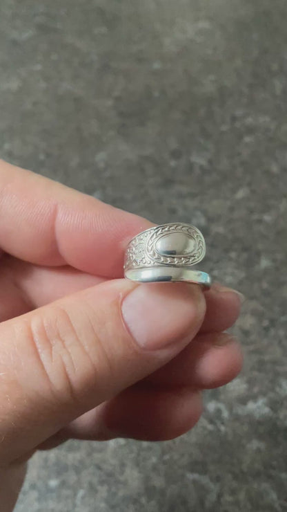 Antique Victorian Silver Spoon Ring 1887 - B.B Maker - Size H (adjustable)