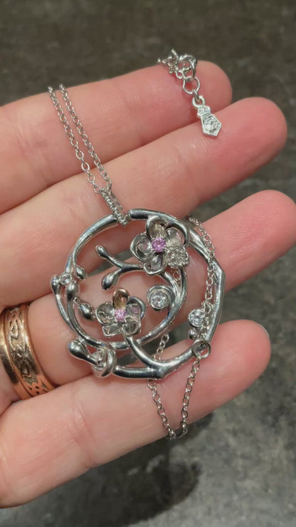 Rare Clogau Pink Sapphire and White Topaz Orchid Circular pendant necklace in silver and rose gold 20-24”