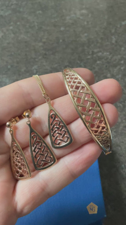 Vintage Clogau Lady Guinevere bangle necklace and earrings matching set in yellow and rose gold