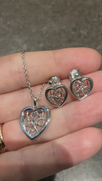 Clogau Welsh Royalty Heart pendant necklace and earrings set in silver and rose gold