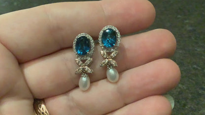 Clogau Superbloom Blue Topaz Queens Jubilee silver earrings pearl RRP £330