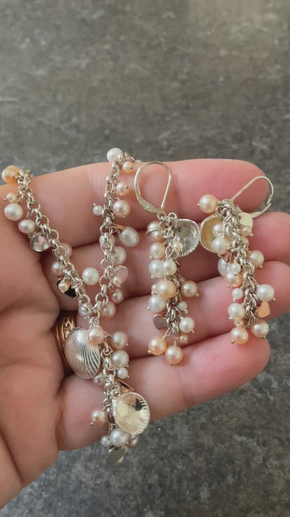Clogau Beachcomber Y-shape pearl 16” necklace & earring set in peach & cream with silver & rose gold