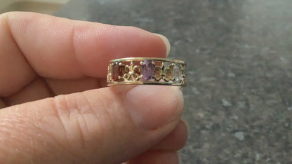 9ct amethyst garnet blue topaz fleur-de-lys cutout ring size O-O1/2 yellow gold