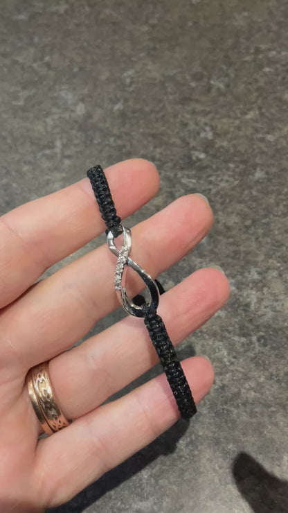 Clogau White Topaz Eternity friendship bracelet with adjustable black cord band in silver and rose gold