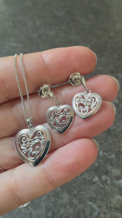 Clogau Tree of Life One Diamond Heart pendant necklace 18-22” and earrings set in silver and rose gold