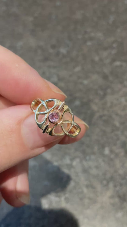Vintage Clogau 9ct Pink Sapphire Celtic knot Unisex ring size O in yellow and rose gold