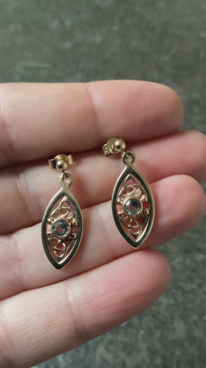 Vintage Clogau 9ct Queen Eleanor/Tryfan Blue Topaz elliptical drop earrings yellow rose gold