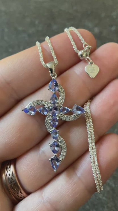 925 Tanzanite and Zircon Cross pendant on 20” Italy 925 sparkle chain