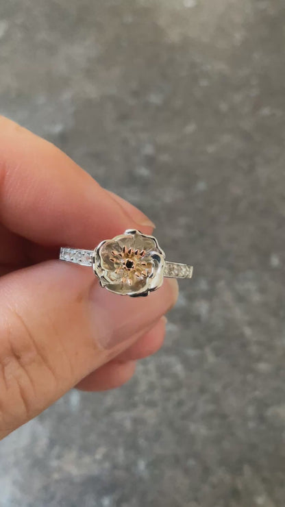 RARE Clogau Welsh Poppy black onyx and white topaz ring size P silver and rose gold