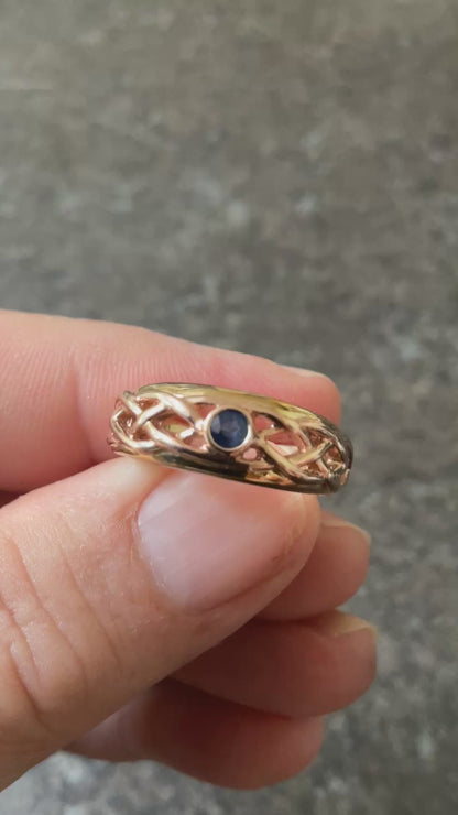 Clogau 9ct Blue Sapphire Lovers Weave Celtic ring size P yellow and rose gold