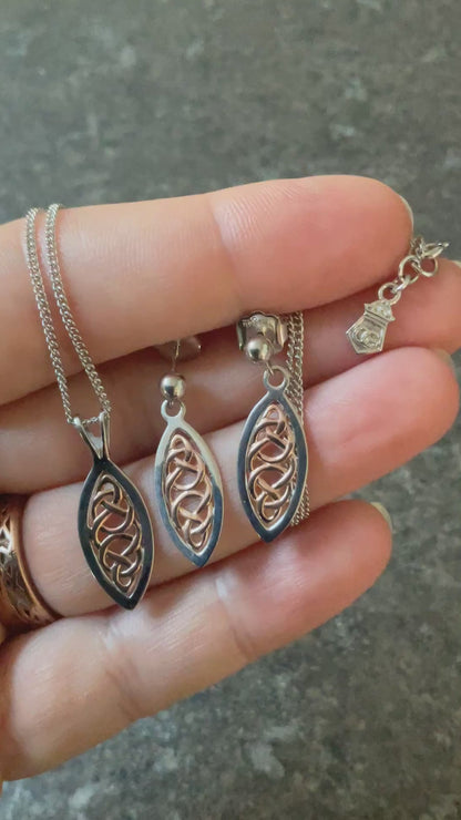 Clogau Queen Eleanor pendant 18” necklace and earrings set in silver and rose gold